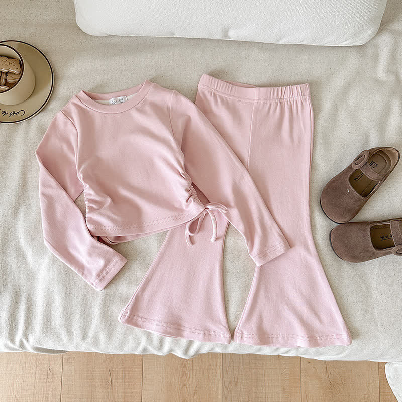 Toddler Girls Solid Color Side Tie Top and Flare Pants 2-piece Set - Pink - 8-9T - image 2