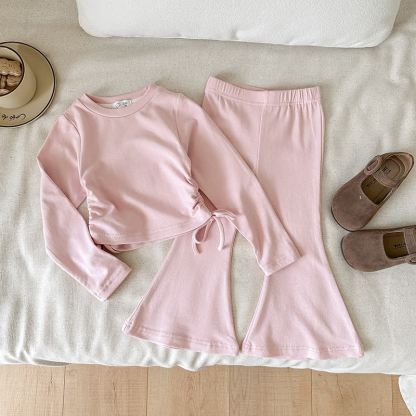 Toddler Girls Solid Color Side Tie Top and Flare Pants 2-piece Set - Pink - 8-9T - image 2