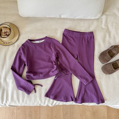 Toddler Girls Solid Color Side Tie Top and Flare Pants 2-piece Set - Purple - 8-9T - image 5