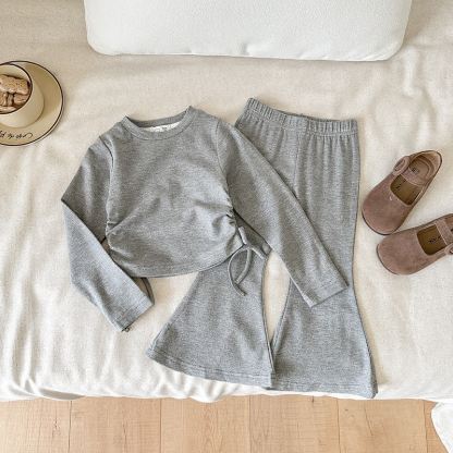 Toddler Girls Solid Color Side Tie Top and Flare Pants 2-piece Set - Gray - 8-9T - image 6