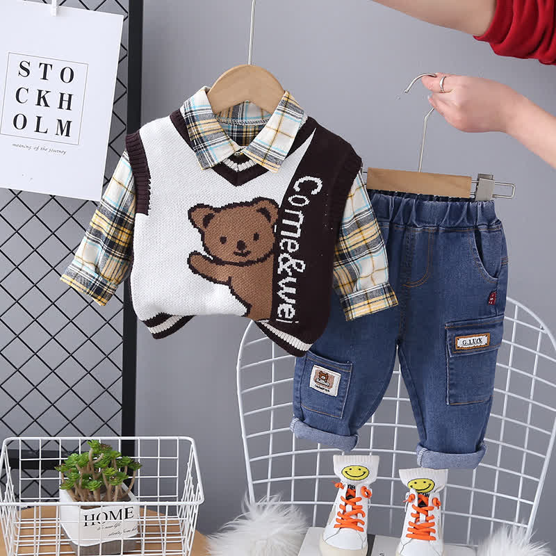 Toddler Boy Vintage Animal/Smiley Face Set - Coffee Bear 3-piece Set - 4-5T - image 7