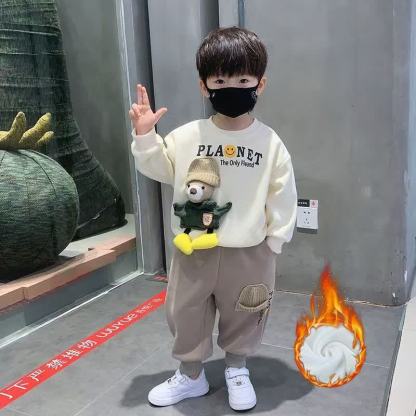 Toddler Boy Vintage Animal/Smiley Face Set - Beige Smiley Face 2-piece Fleece-lined Set - 4-5T - image 12
