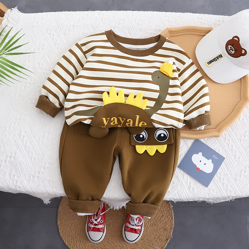 YAYALE Toddler Boy Striped Dino Applique Top and Pants 2-piece Set - Brown - 4-5T - image 3