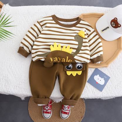 YAYALE Toddler Boy Striped Dino Applique Top and Pants 2-piece Set - Brown - 4-5T - image 3