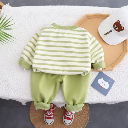YAYALE Toddler Boy Striped Dino Applique Top and Pants 2-piece Set - image 4