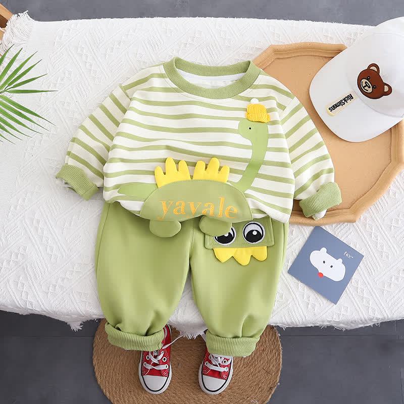 YAYALE Toddler Boy Striped Dino Applique Top and Pants 2-piece Set - Green - 4-5T - image 2