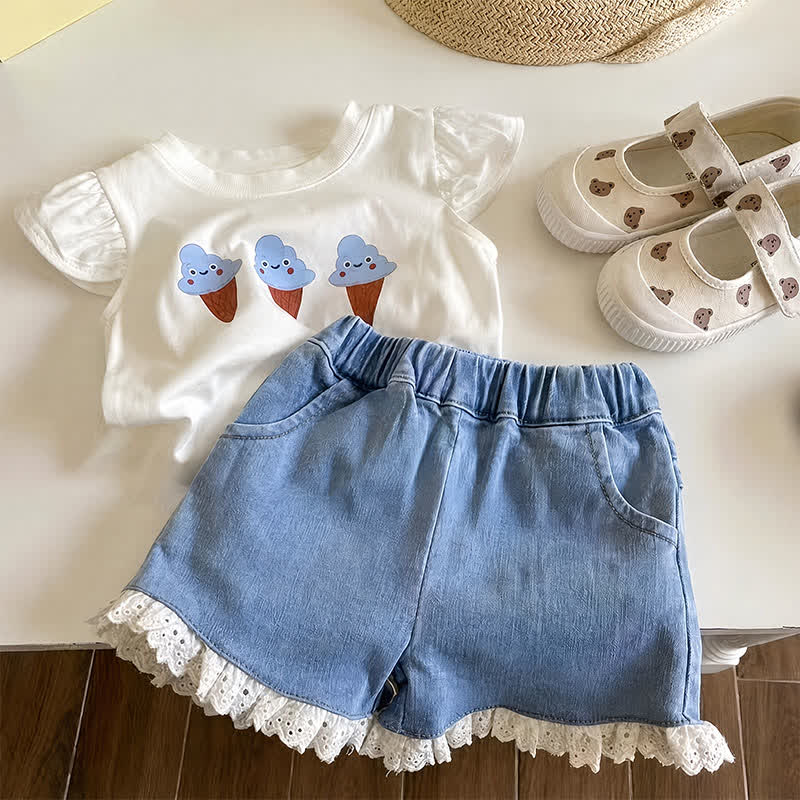 Toddler Girl Ice Cream Top and Denim Shorts 2-piece Set - White - 6-7T - image 1