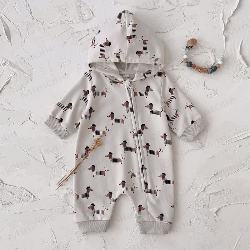 Baby Dachshund Print Hooded Cotton Zip Romper - image 3