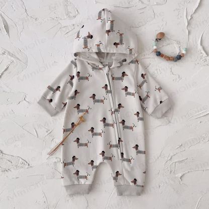 Baby Dachshund Print Hooded Cotton Zip Romper - image 3