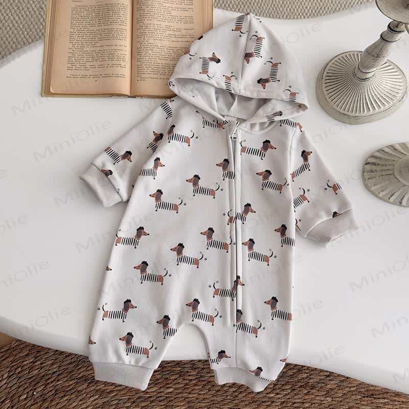 Baby Dachshund Print Hooded Cotton Zip Romper - image 4