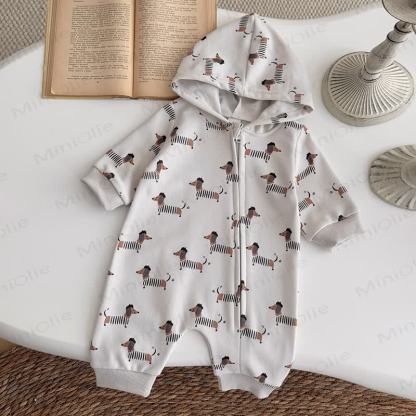 Baby Dachshund Print Hooded Cotton Zip Romper - image 4