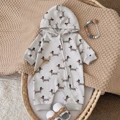 Baby Dachshund Print Hooded Cotton Zip Romper - image 6
