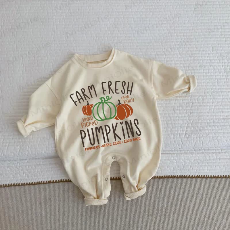 FARM FRESH PUMPKINS OPEN DAILY HAND PICKED HAYRIDES • APPLE CIDER • CORN MAZE Baby Toddler Beige Romper - Beige - 2-3T - image 1