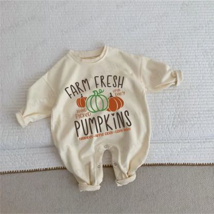 FARM FRESH PUMPKINS OPEN DAILY HAND PICKED HAYRIDES • APPLE CIDER • CORN MAZE Baby Toddler Beige Romper - Beige - 2-3T - image 1
