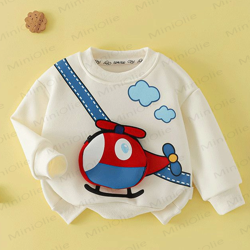 Toddler Kid Sweatshirt with 3D Vehicle Applique Zipper Bag - White - 8-9T - image 6