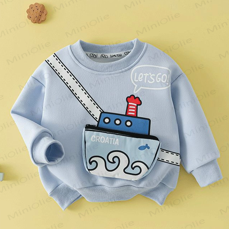 Toddler Kid Sweatshirt with 3D Vehicle Applique Zipper Bag - Blue - 8-9T - image 4