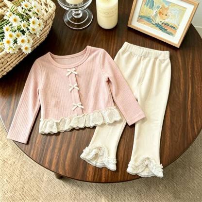 Toddler Girl Pink Bow Lace Trim Top and Beige Pants - Pink Set - 4-5T - image 1