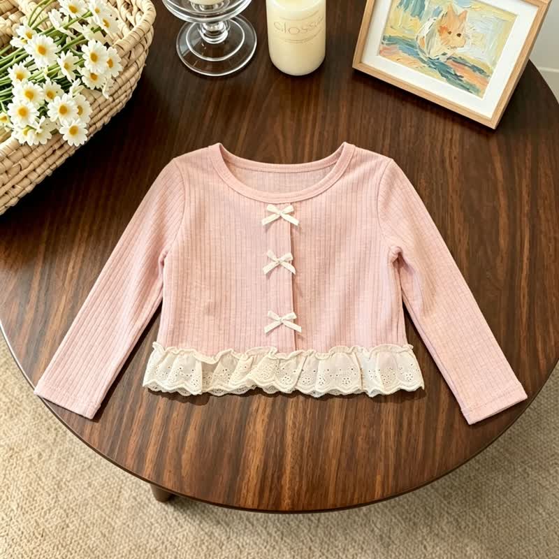 Toddler Girl Pink Bow Lace Trim Top and Beige Pants - Pink Top - 4-5T - image 2