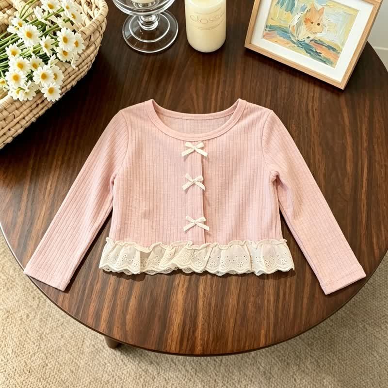 Toddler Girl Pink Bow Lace Trim Top and Beige Pants - Pink Top - 4-5T - image 2