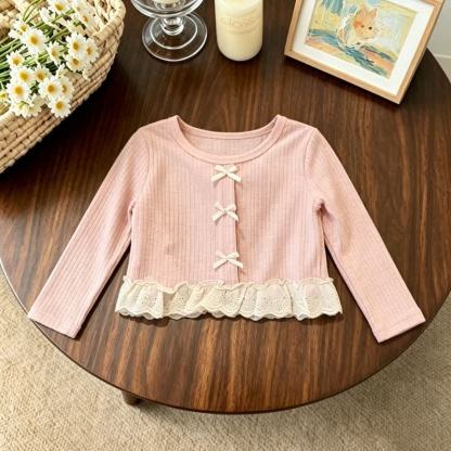 Toddler Girl Pink Bow Lace Trim Top and Beige Pants - Pink Top - 4-5T - image 2