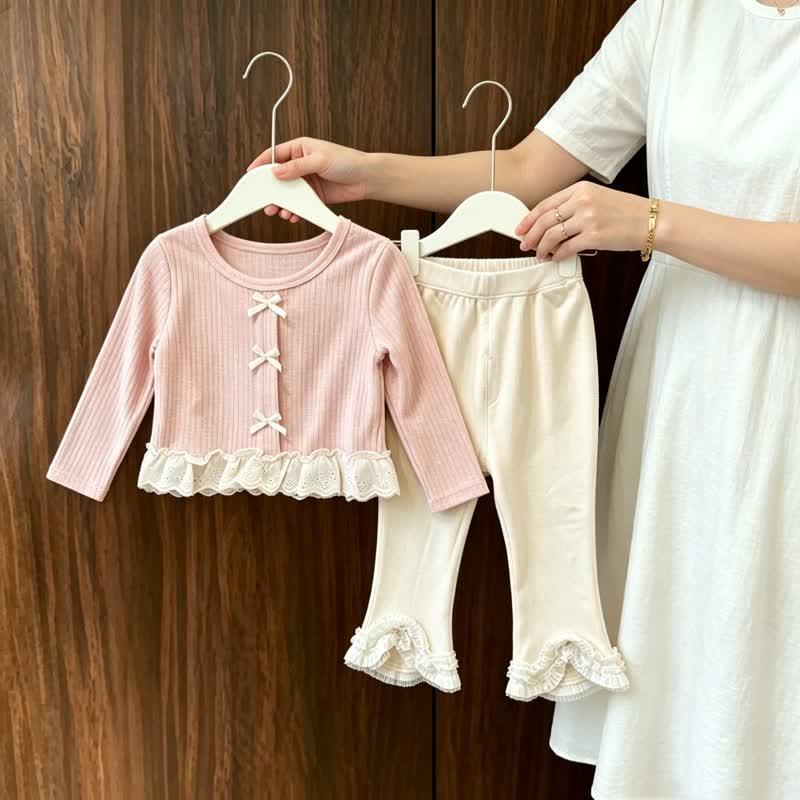 Toddler Girl Pink Bow Lace Trim Top and Beige Pants - image 4