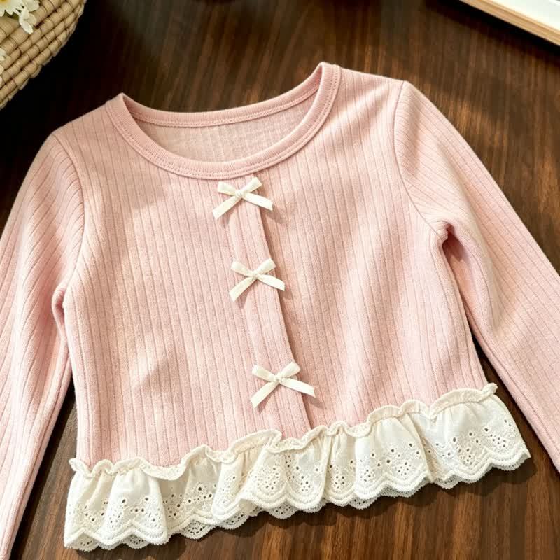 Toddler Girl Pink Bow Lace Trim Top and Beige Pants - image 5