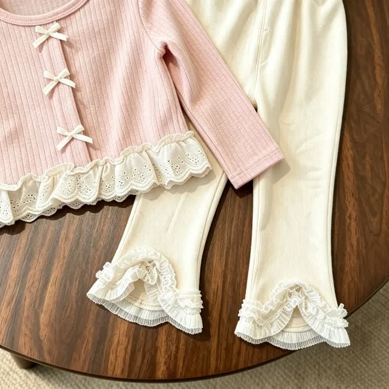 Toddler Girl Pink Bow Lace Trim Top and Beige Pants - image 6