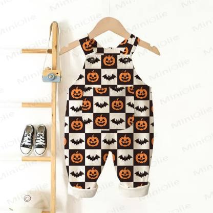 Baby Toddler Pumpkin Bat Black White Checkerboard Print Beige Overalls - Beige - 3-5T - image 1