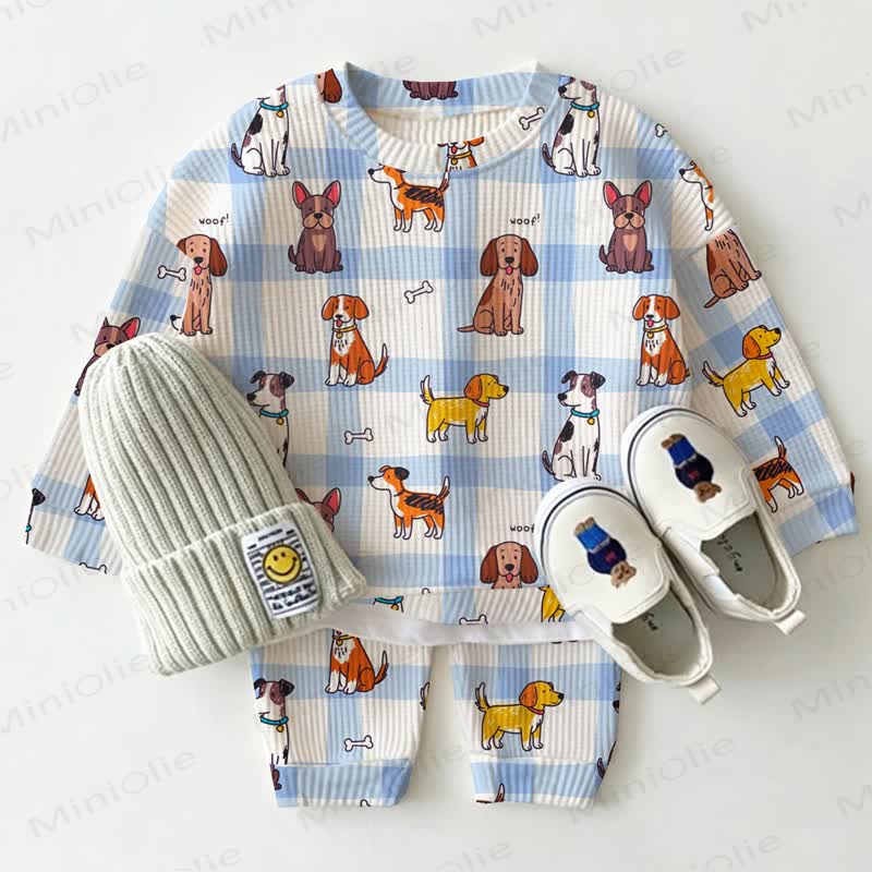WOOF! Baby Dog Print Blue Plaid Waffle 2-piece Set - White - 2-3T - image 1