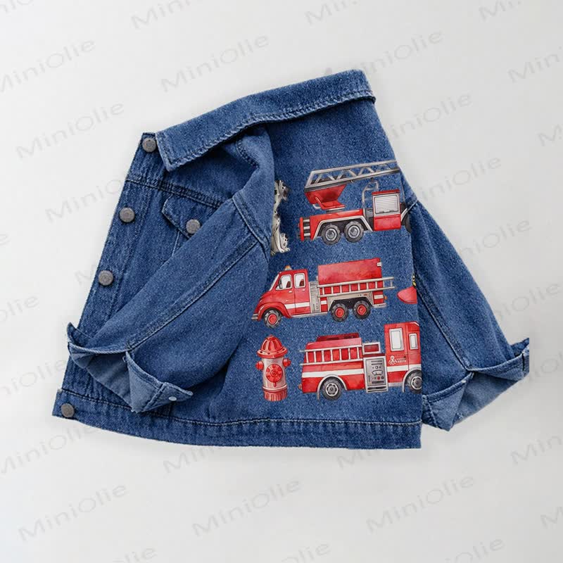 Toddler Kid Fire Truck Print Denim Jacket - Blue - 10-11T - image 1