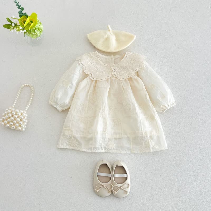 Baby Girl Lace Collar Long Sleeve Dress - Beige - 4-5T - image 1