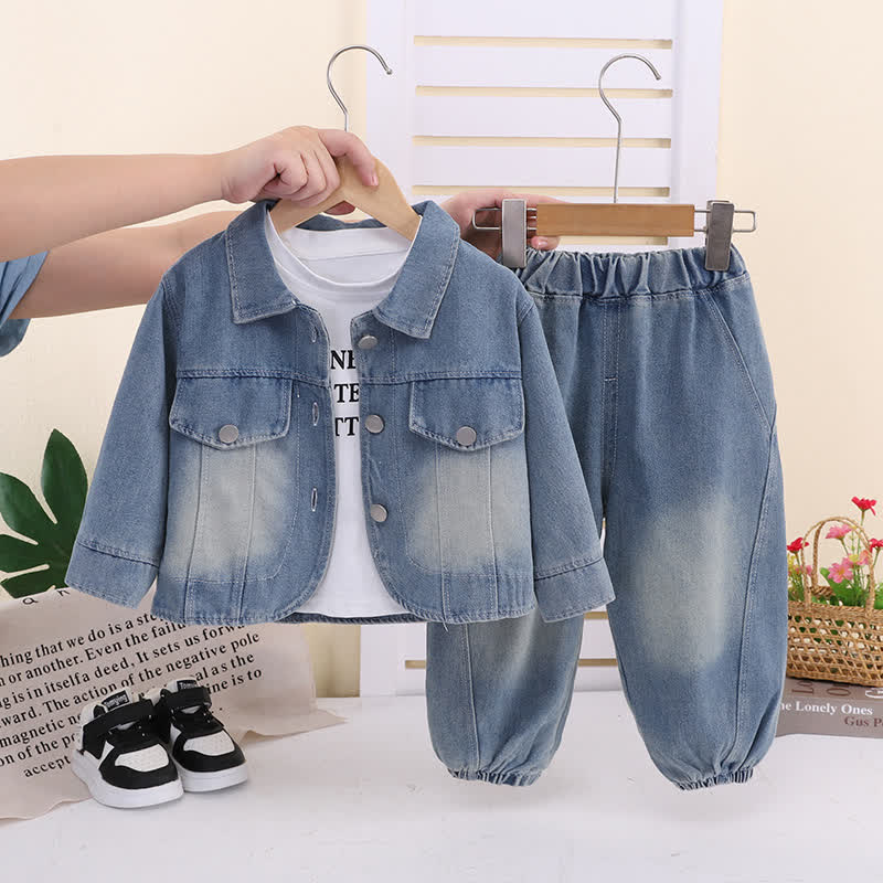 Toddler Baby Girls Denim Jacket and Jogger Pants 3-piece Set - Navy - 4-5T - image 1