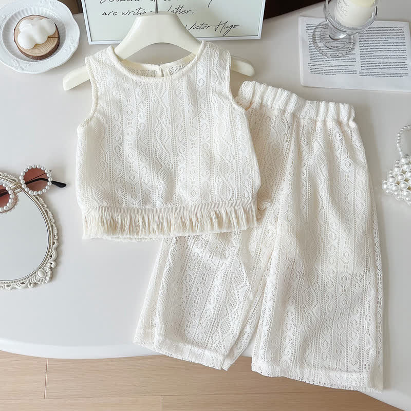 Toddler Girl White Crochet Tassel Sleeveless Top and Pants 2-piece Set - White - 8-9T - image 1