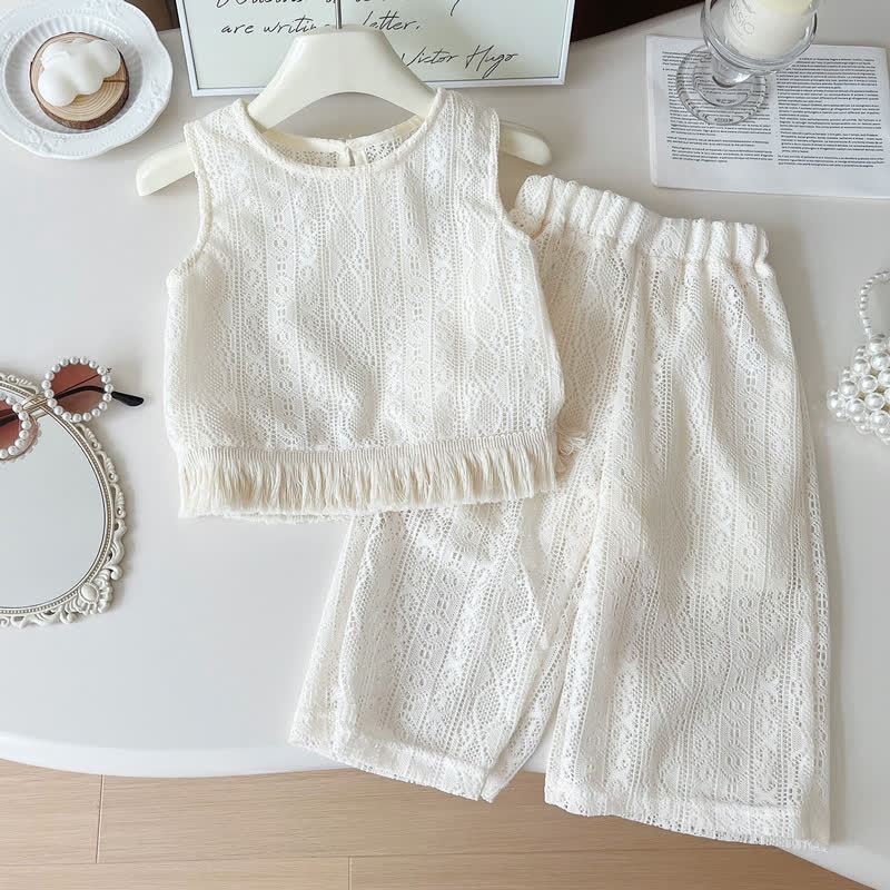 Toddler Girl White Crochet Tassel Sleeveless Top and Pants 2-piece Set - White - 8-9T - image 1