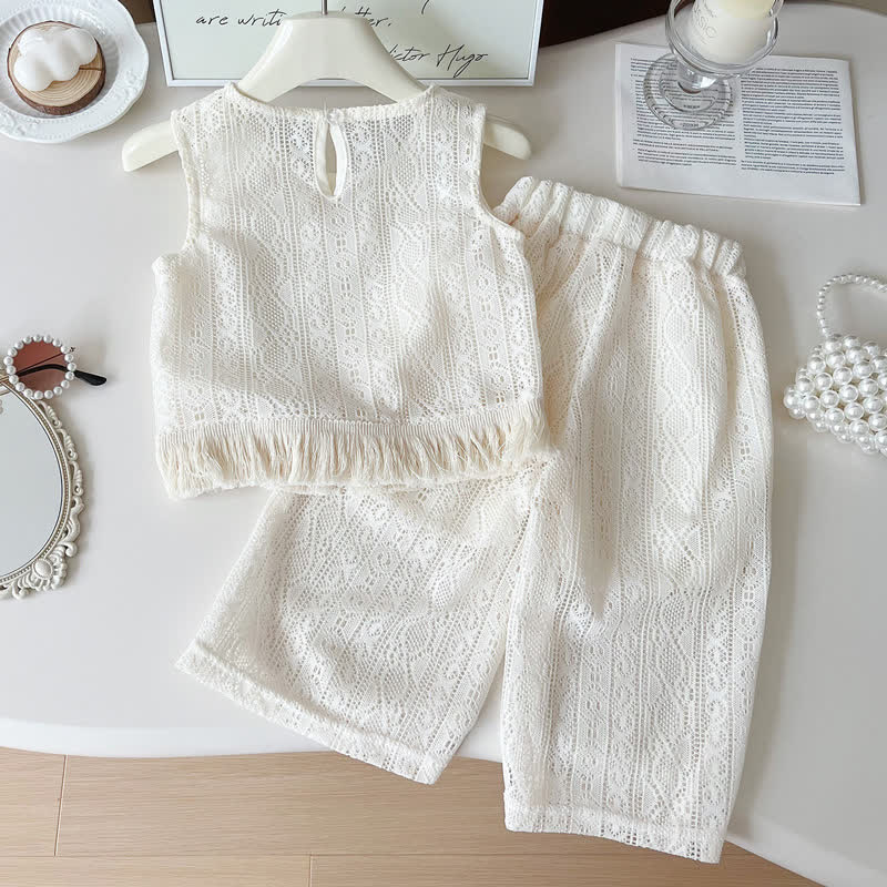 Toddler Girl White Crochet Tassel Sleeveless Top and Pants 2-piece Set - image 2