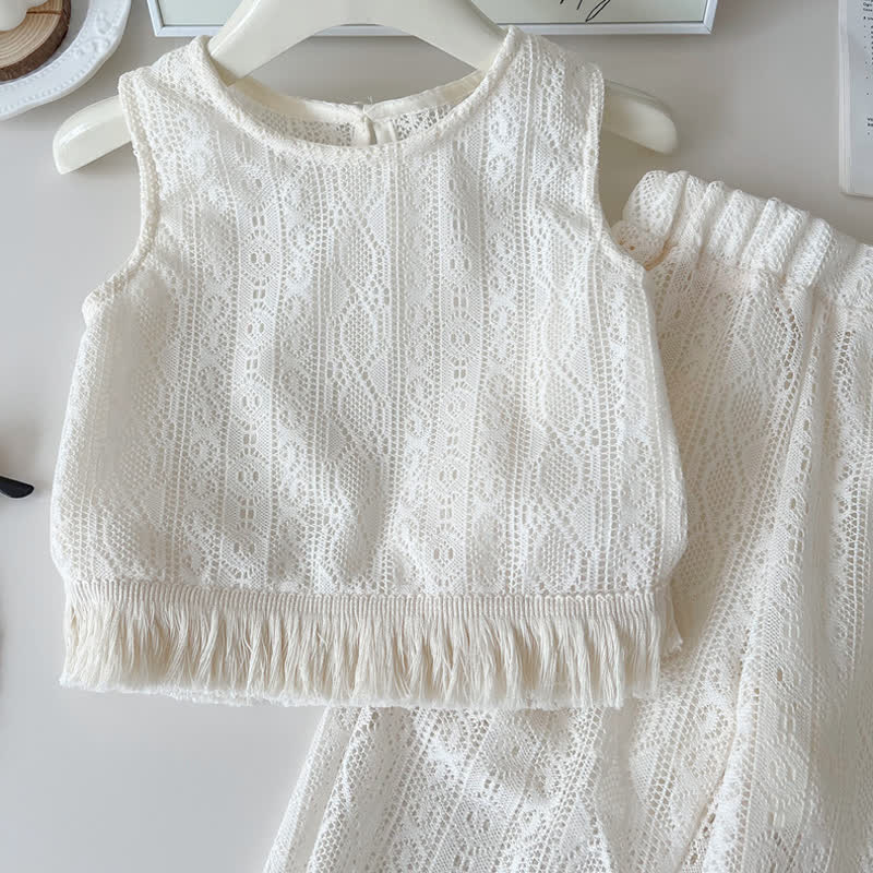 Toddler Girl White Crochet Tassel Sleeveless Top and Pants 2-piece Set - image 3