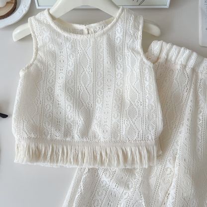Toddler Girl White Crochet Tassel Sleeveless Top and Pants 2-piece Set - image 3