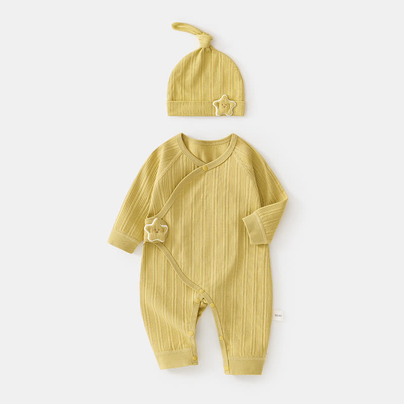 Baby Star Wrap Front Romper with Hat - Yellow - 3-6M - image 1