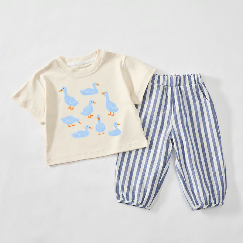Baby Toddler Duck Beige&Blue Vertical Striped 2-piece Set - Beige&Blue - 3-4T - image 1