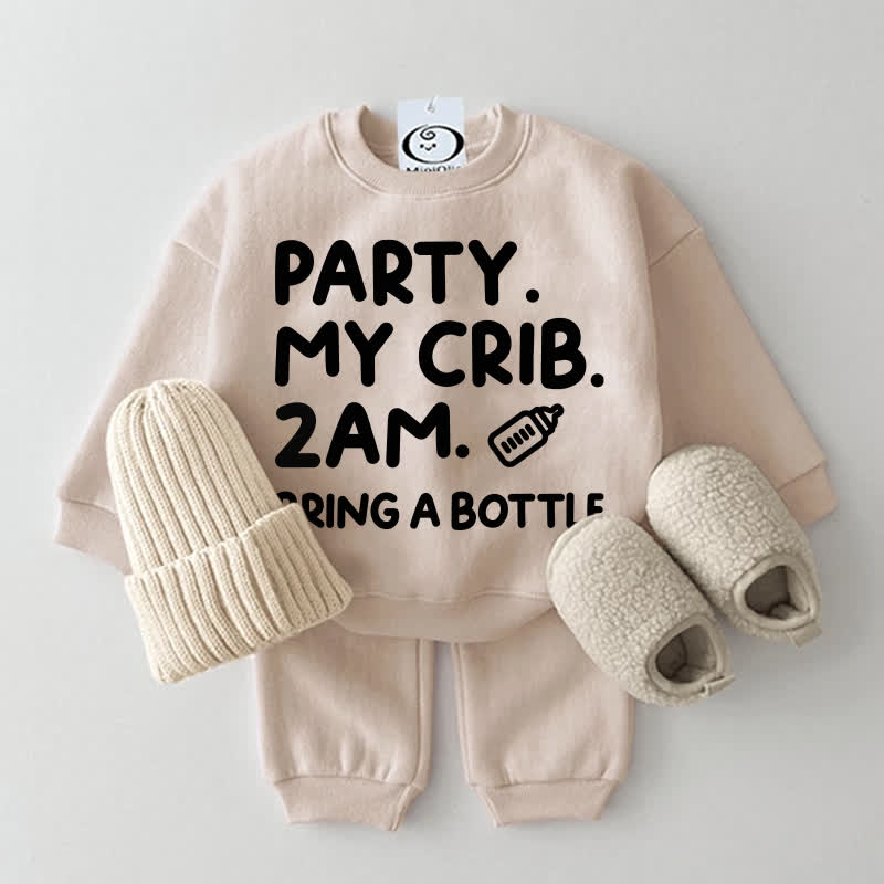 PARTY. MY CRIB.2AM. BRING A BOTTLE Baby Sweatshirt 2-piece Set - Beige - 2-3T - image 1
