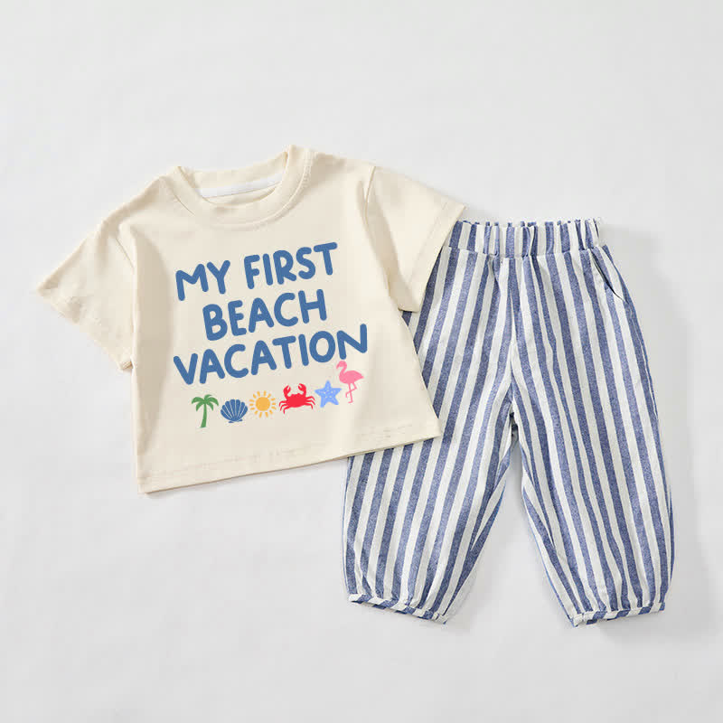MY FIRST BEACH VACATION Baby Toddler Beige&Blue Vertical Striped 2-piece Set - Beige&Blue - 3-4T - image 1