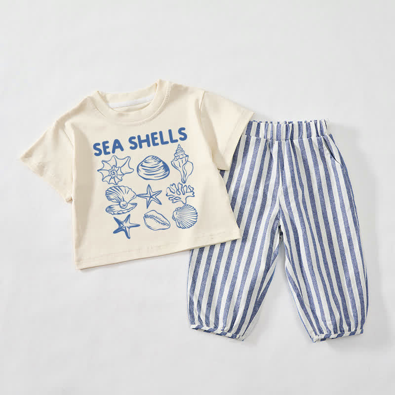 SEA SHELLS Baby Toddler Beige&Blue Vertical Striped 2-piece Set - Beige&Blue - 3-4T - image 1