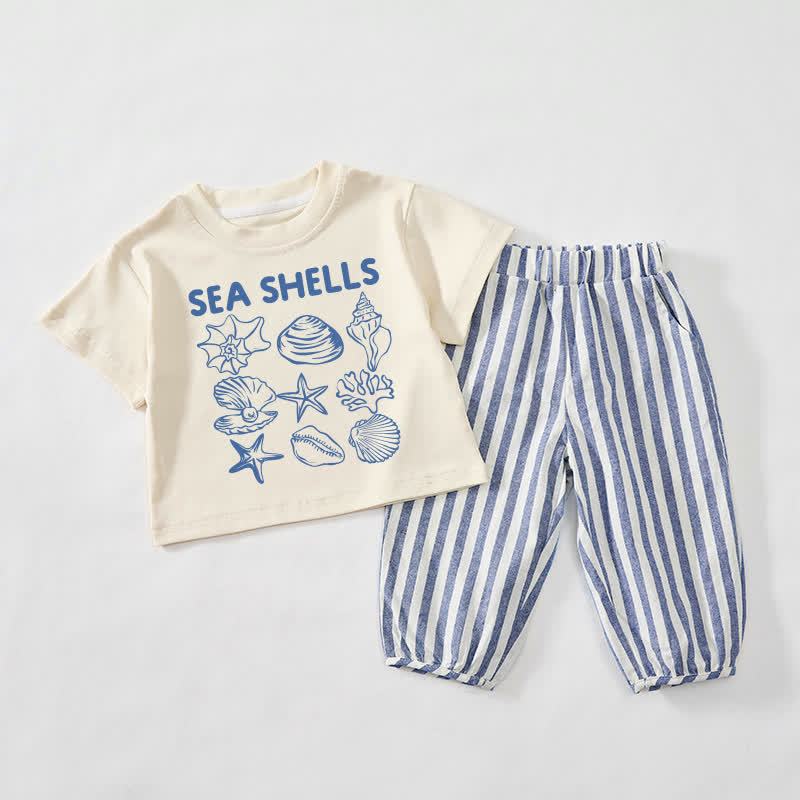 SEA SHELLS Baby Toddler Beige&Blue Vertical Striped 2-piece Set - Beige&Blue - 3-4T - image 1