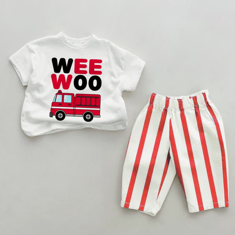 WEE WOO Baby Fire Truck White&Red Vertical Striped 2-piece Set - White&Red - 4-5T - image 1