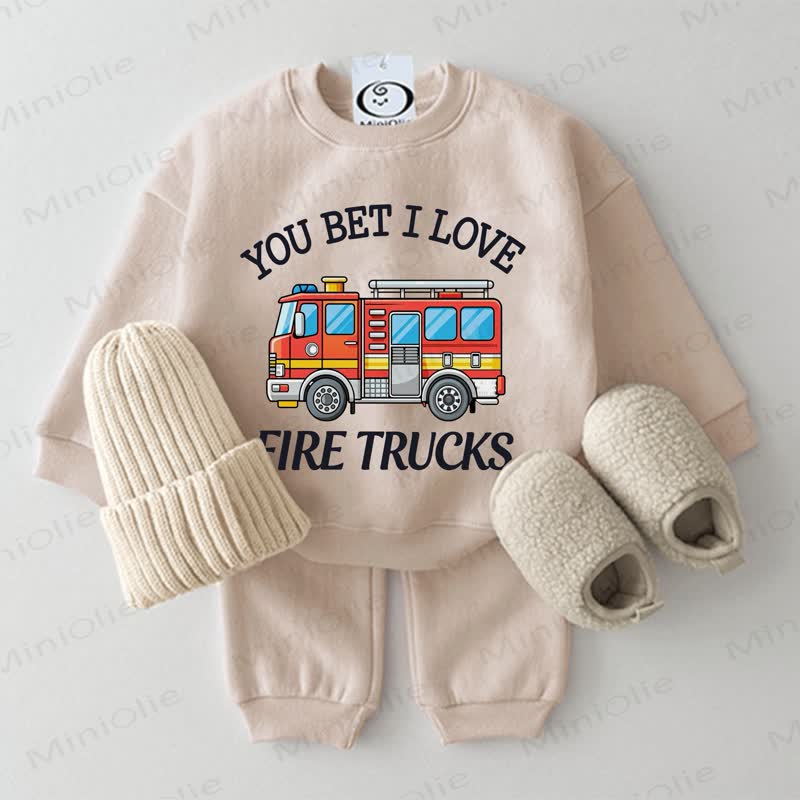 YOU BET I LOVE FIRE TRUCKS Baby Sweatshirt 2-piece Set - Beige - 2-3T - image 1