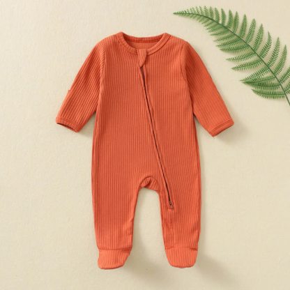 Baby Solid Color Ribbed Long Sleeve Zip Romper - Orange - 12M - image 4