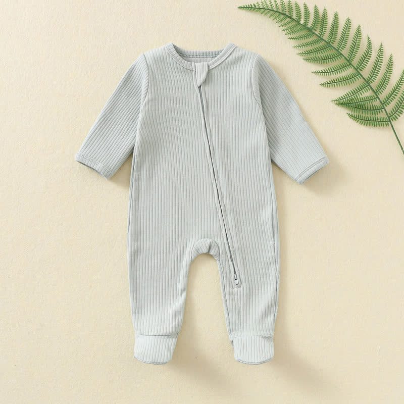Baby Solid Color Ribbed Long Sleeve Zip Romper - Green - 12M - image 7