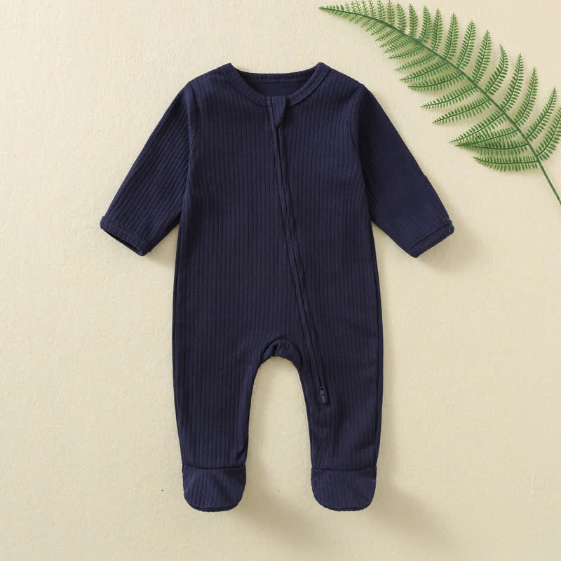Baby Solid Color Ribbed Long Sleeve Zip Romper - Navy - 12M - image 8