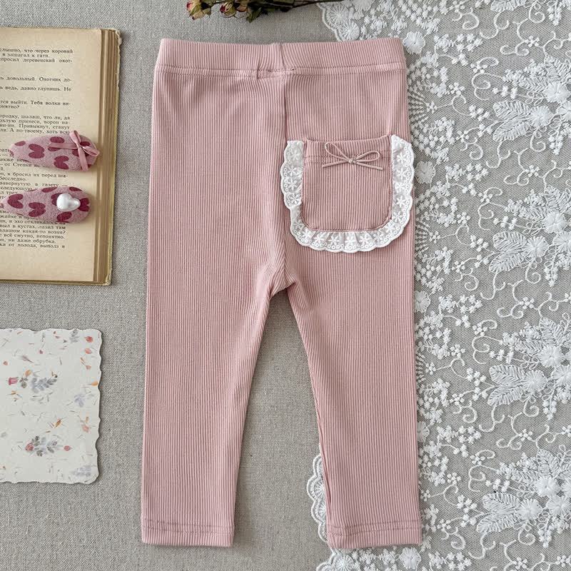 Baby Girl Solid Color Ribbed Lace Pocket Leggings - Pink - 2-3Y - image 3