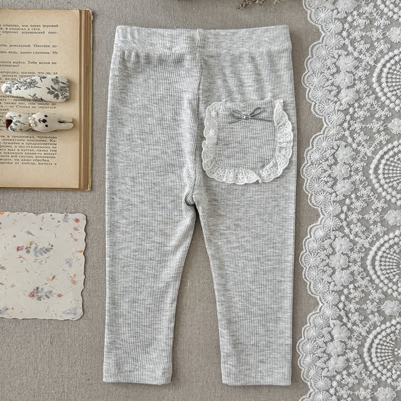 Baby Girl Solid Color Ribbed Lace Pocket Leggings - Gray - 2-3Y - image 2